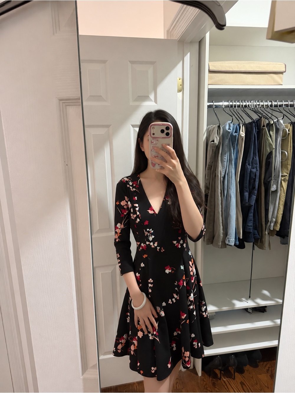 Women's Black Floral V-Neck Fit-and-Flare Dress